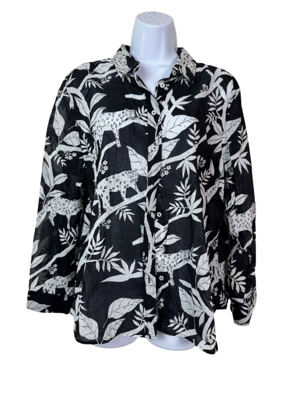 Talbots Black White Garden Button Up Shirt Top XL Petite 100% Cotton Sheer